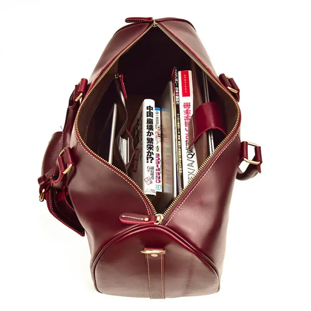 Burgundy Crazy Horse Leather Duffel Tote Bag