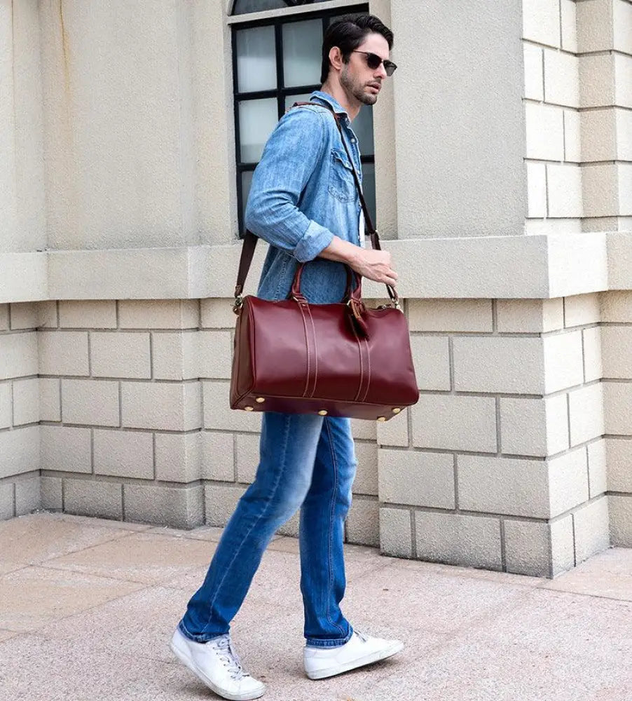 Burgundy Crazy Horse Leather Duffel Tote Bag