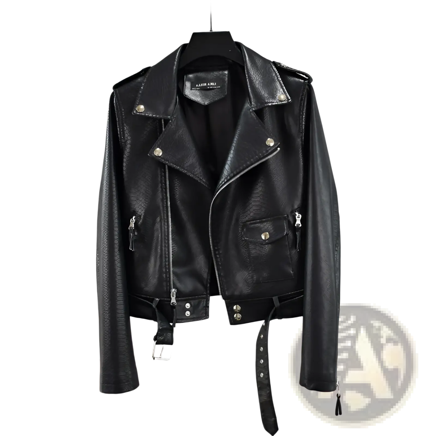 Crocodile Faux Leather Cropped Biker Jacket with Belt