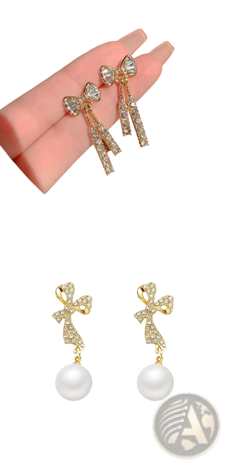 Crystal Bow and Pearl Dangle Earrings in Gold