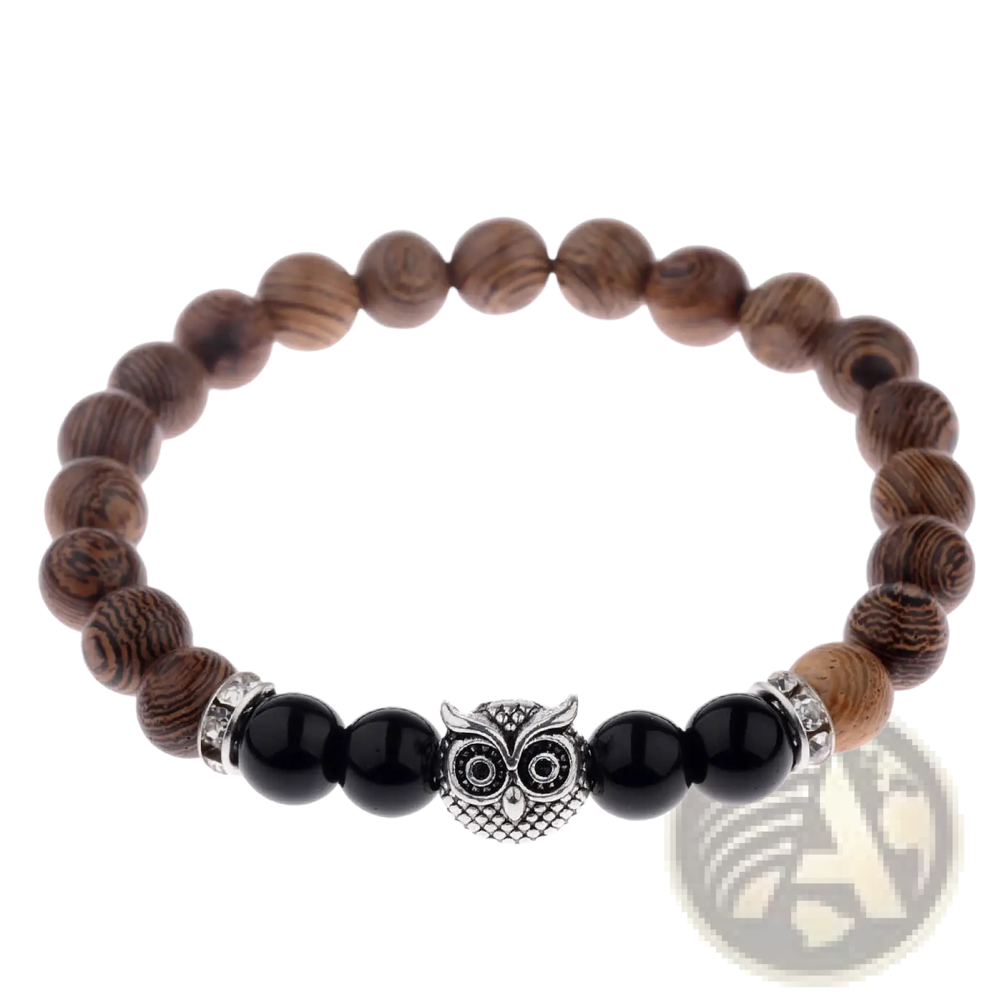 Crystal Owl Charm Wood and Onyx Beaded Bracelet