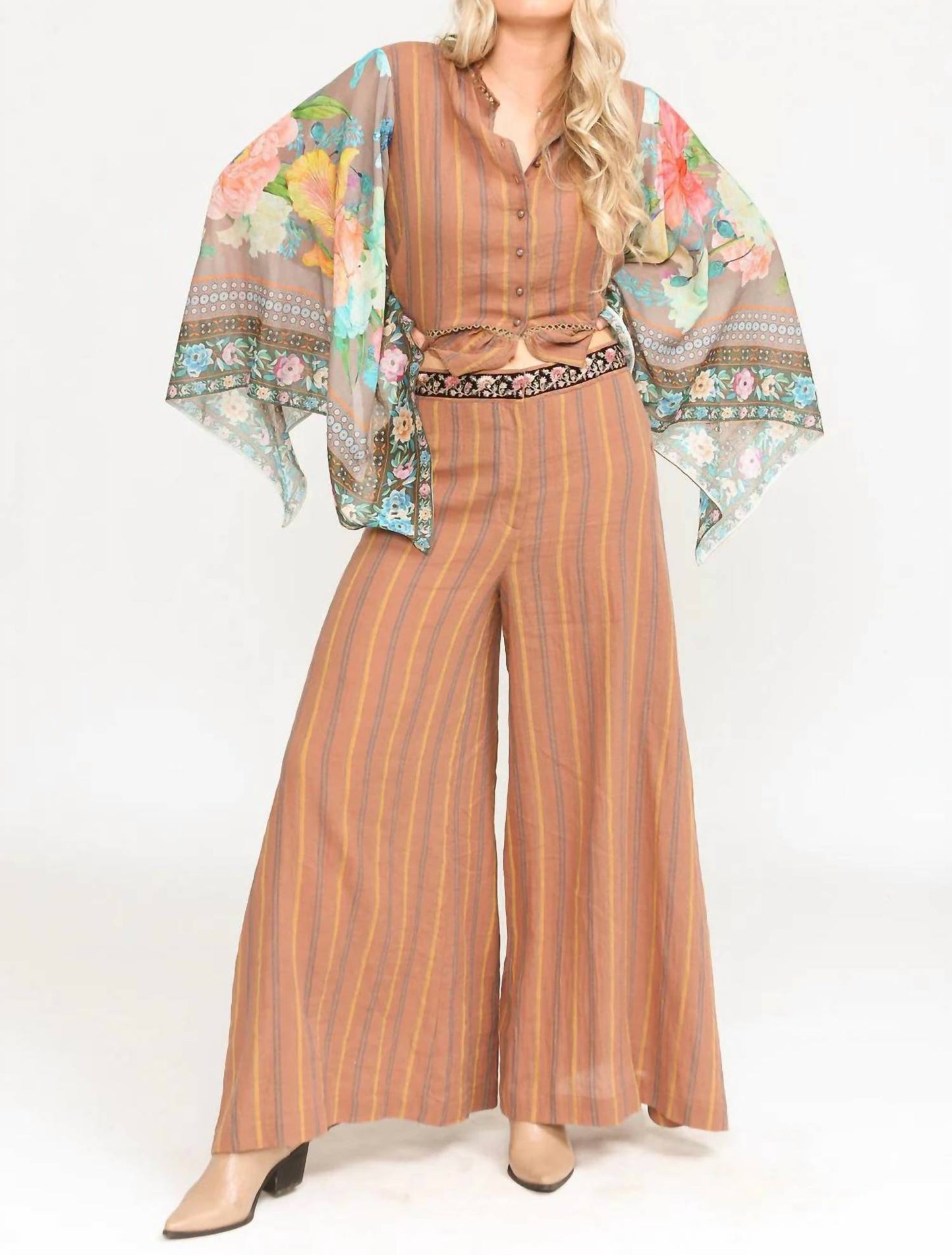 Aratta - Mariah Wide Leg Pants With Sequin Embroidered Floral Trim On Waistband