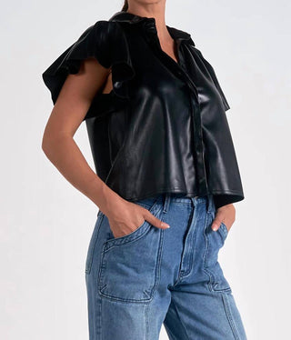 Elan - Flutter Sleeve Vegan Leather Top