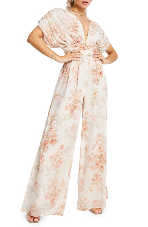 ASOS DESIGN Plunge Neck Wide Leg Jumpsuit in Ivory Multi, Size 10 Us
