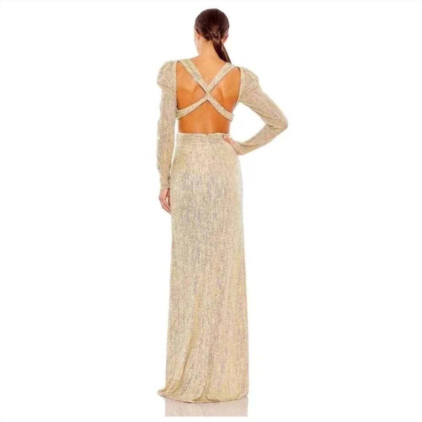 Mac Duggal - Metallic Puff Sleeve Fronttwist Cut-out Gown