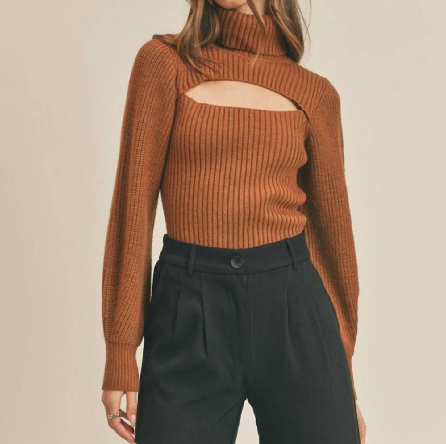 &Merci - Ribbed Knit Cutout Turtleneck Sweater