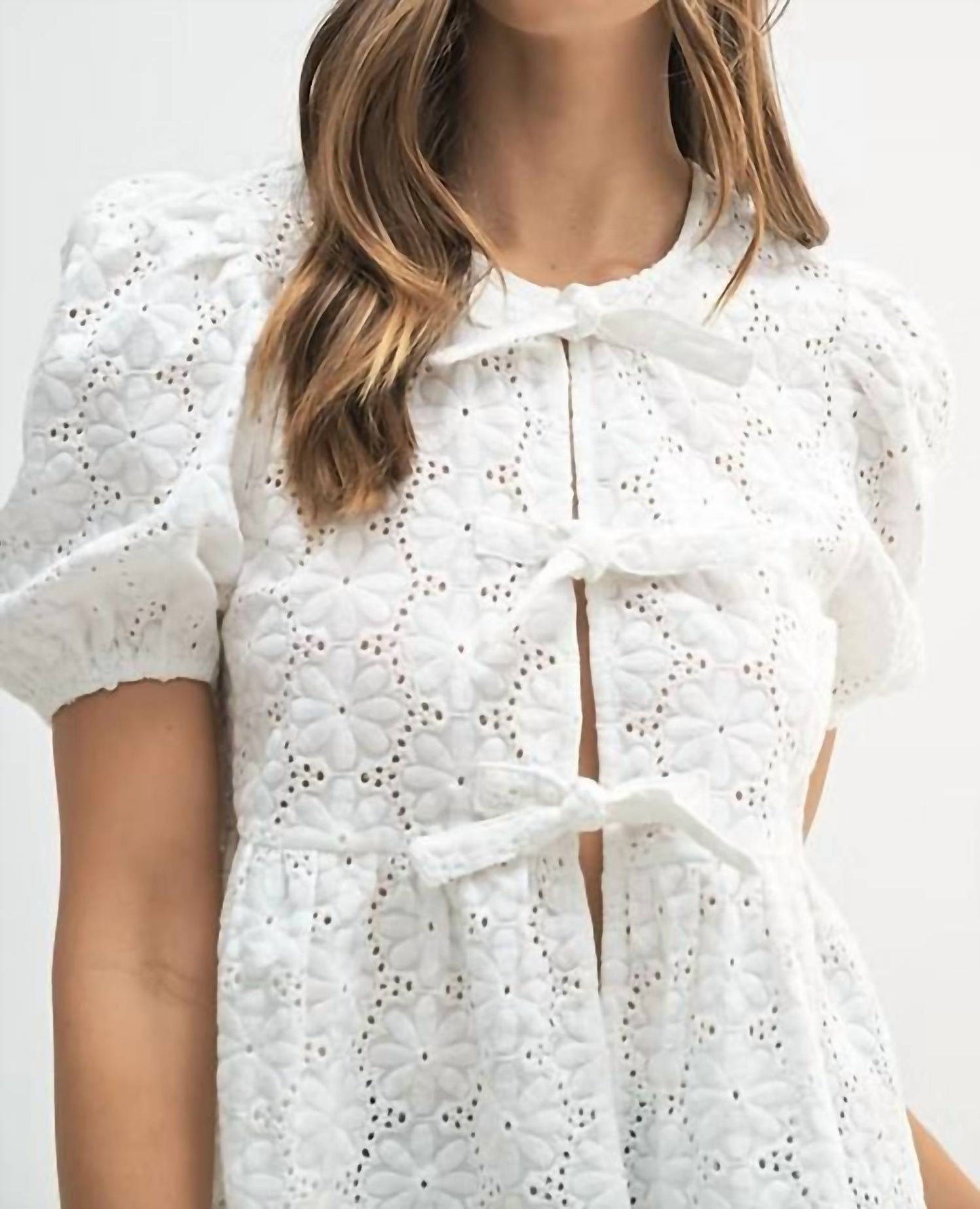 Mable - Eyelet Puff Sleeve Front Tie Peplum Top