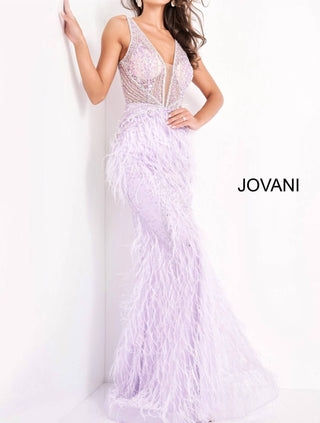 Jovani - Sheer Embellished Bodice Feather Dress