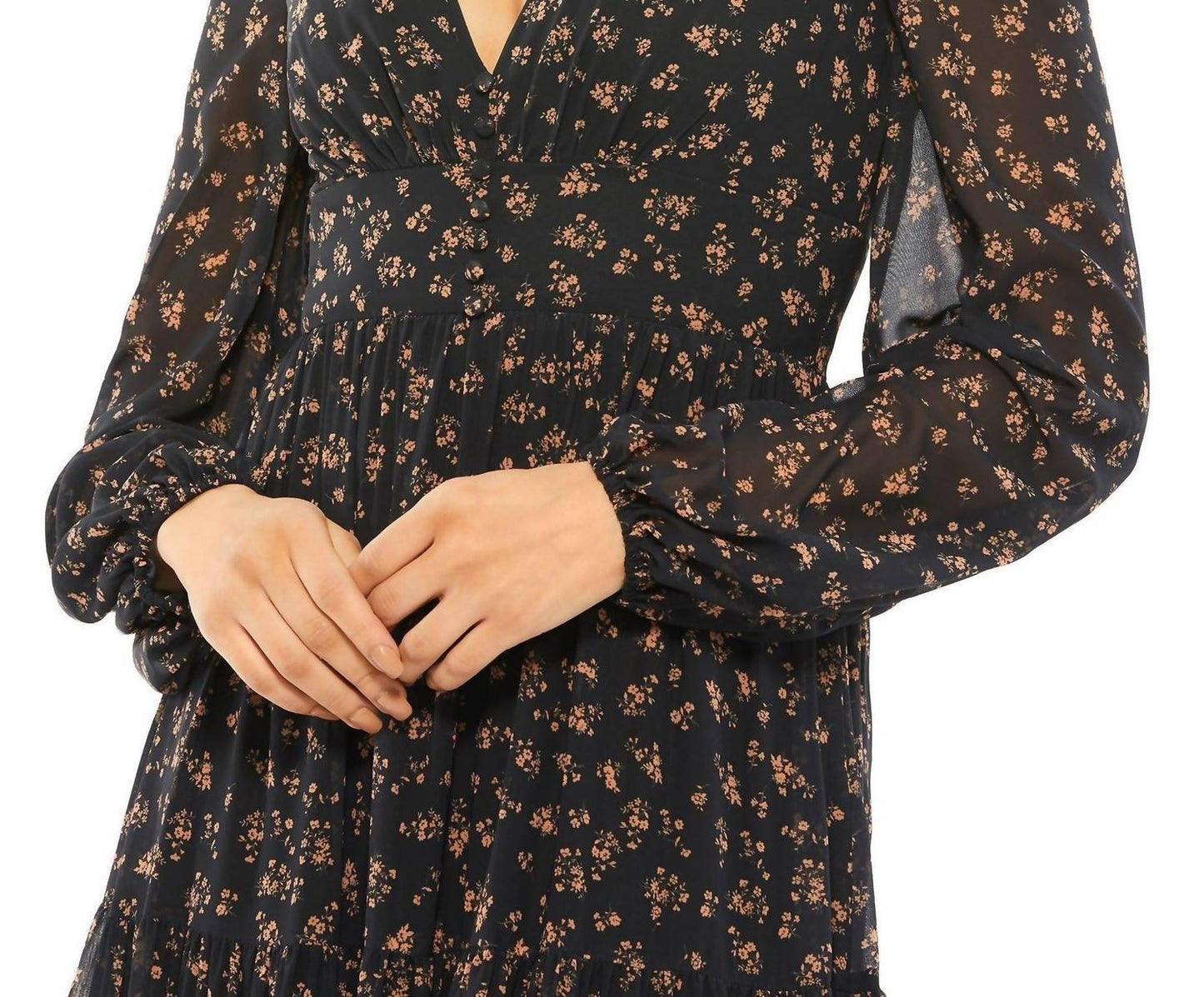 Ieena For Mac Duggal - Floral Ruffles Tiered Long Sleeve Maxi Dress