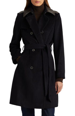 Lauren Ralph Lauren Tie Waist Faux Leather Trim Wool Blend Coat in Regal Navy at Nordstrom, Size 6