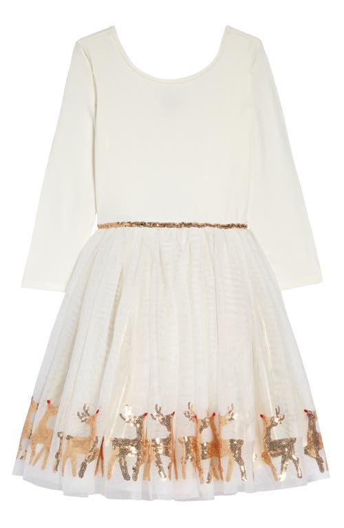 Zunie Kids' Reindeer Border Dress in Ivory/Gold, Size 4
