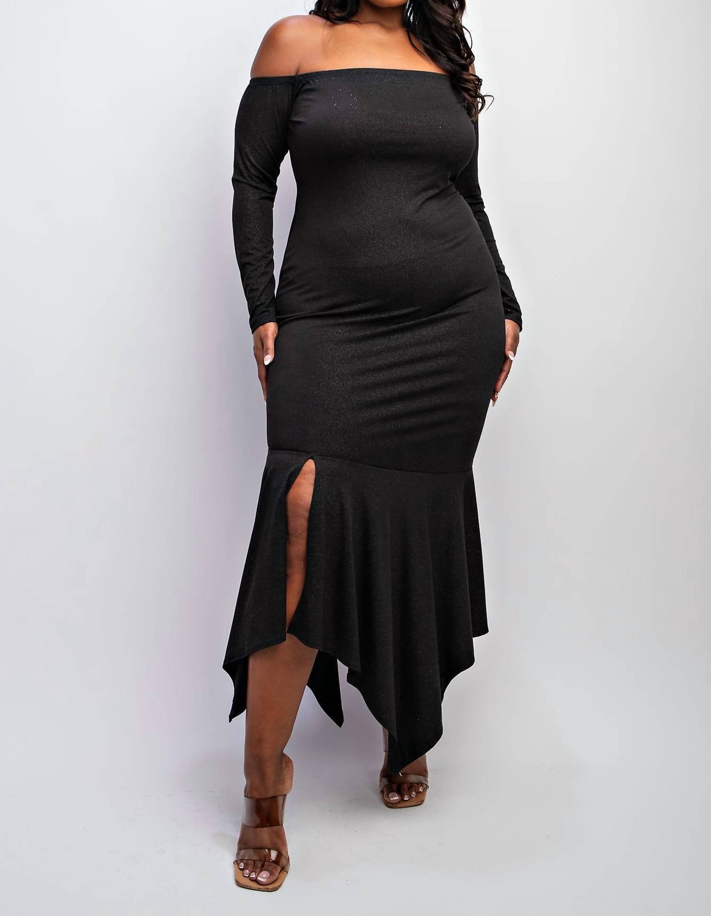 The Curve La - Plus Size Off Shoulder Metallic Knit Dress With Slit