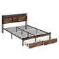 Modern Metal Platform Bed Frame with Wooden Headboard and Storage
