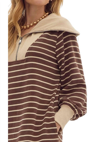 Entro - Misha Stripped Zipper Neckline Sweatshirt Dress