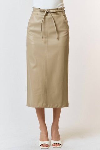 Lalavon - Polyurethane Leather Waist Tie Midi Skirt