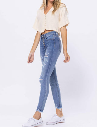 Judy Blue - High Waist Destroyed Button Fly Skinny Denim Jeans