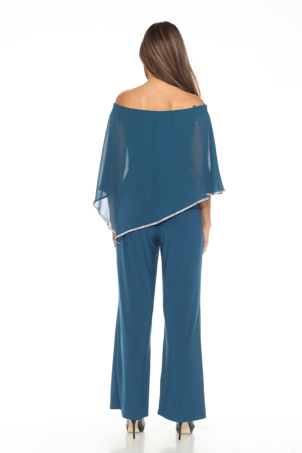 Joseph Ribkoff - Embellished Off-shoulder Chiffon Overlay Jumpsuit