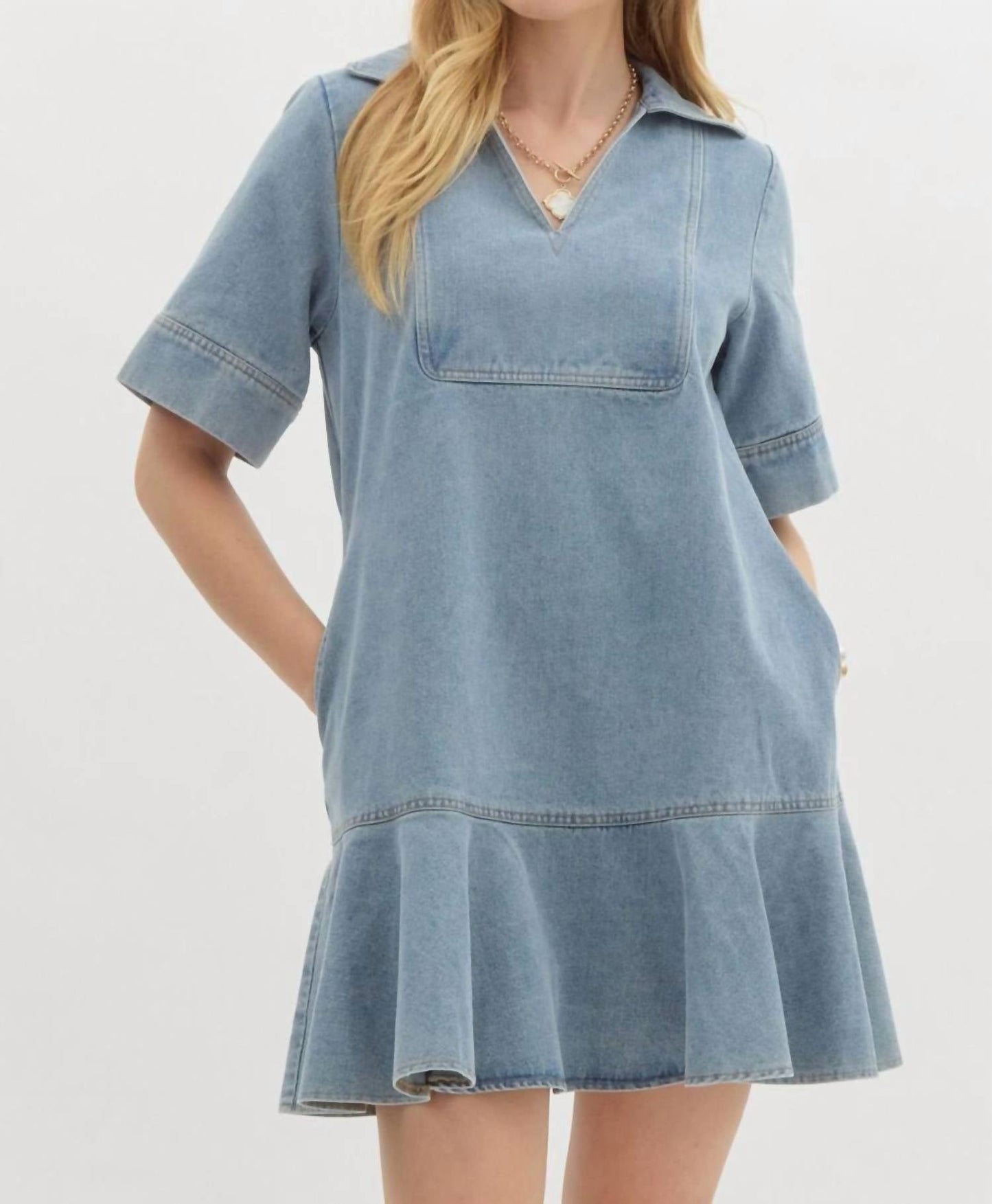 Entro - Denim V-neck Ruffled Mini Dress