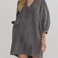 Entro - Balloon Sleeve V-neck Denim Dress