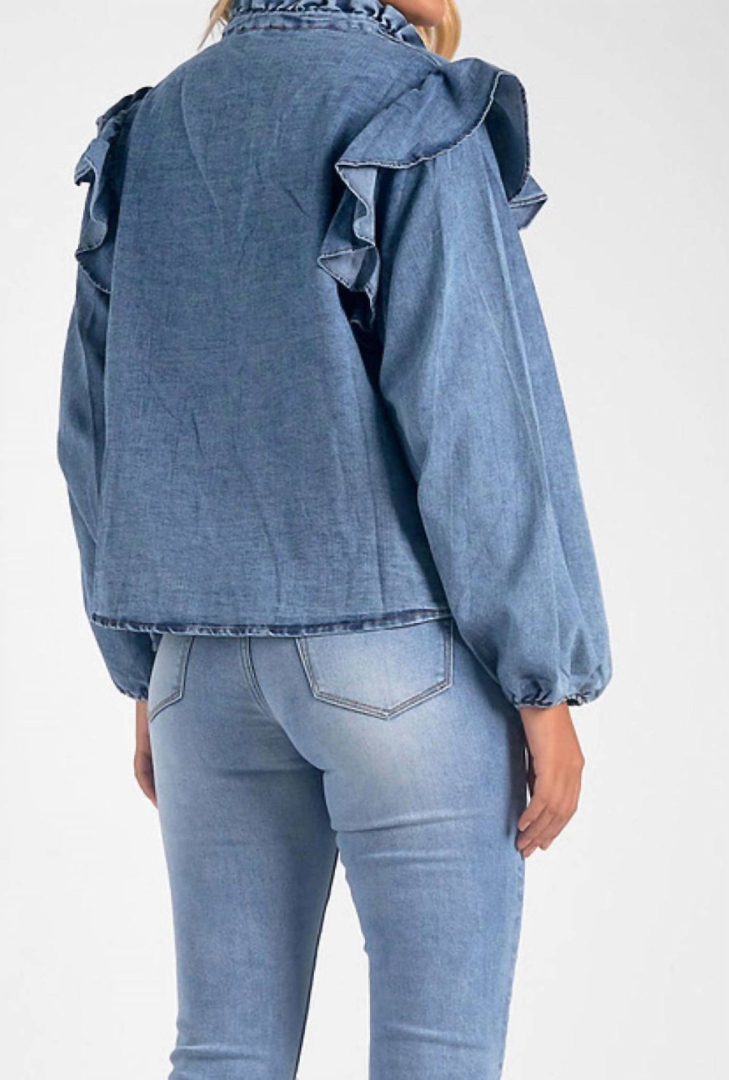 Elan - DENIM LONG SLEEVE RUFFLE TOP