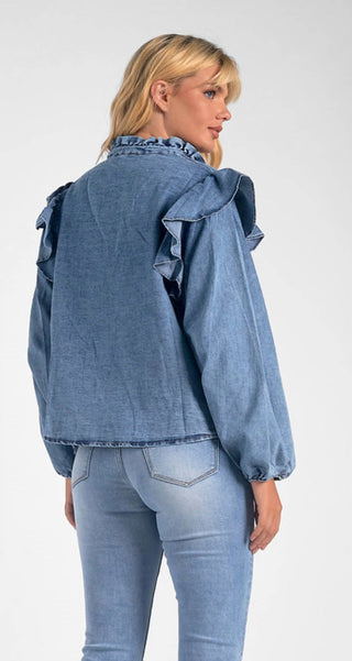 Elan - DENIM LONG SLEEVE RUFFLE TOP