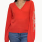 Autumn Cashmere - Puff Sleeve V Sweater With Contrast Embroidery