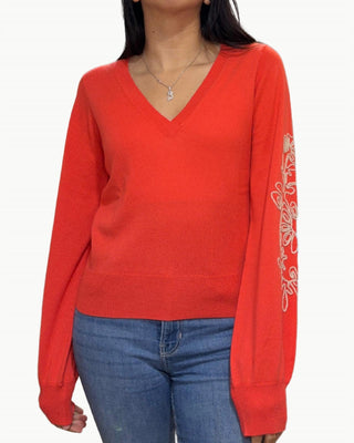 Autumn Cashmere - Puff Sleeve V Sweater With Contrast Embroidery