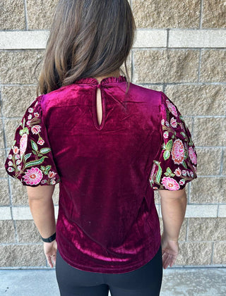 Thml - Embroidered Velvet Puff Sleeve Top