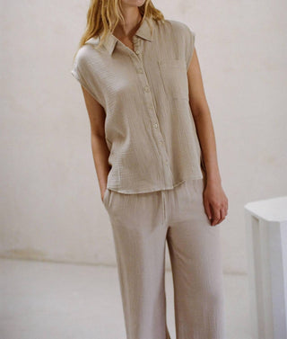 By Together - Gauze Button Down Collar Neck Sleeveless Top