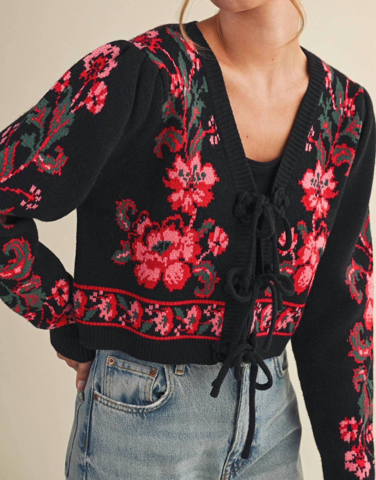 &Merci - Floral Knit Tie Front Cardigan