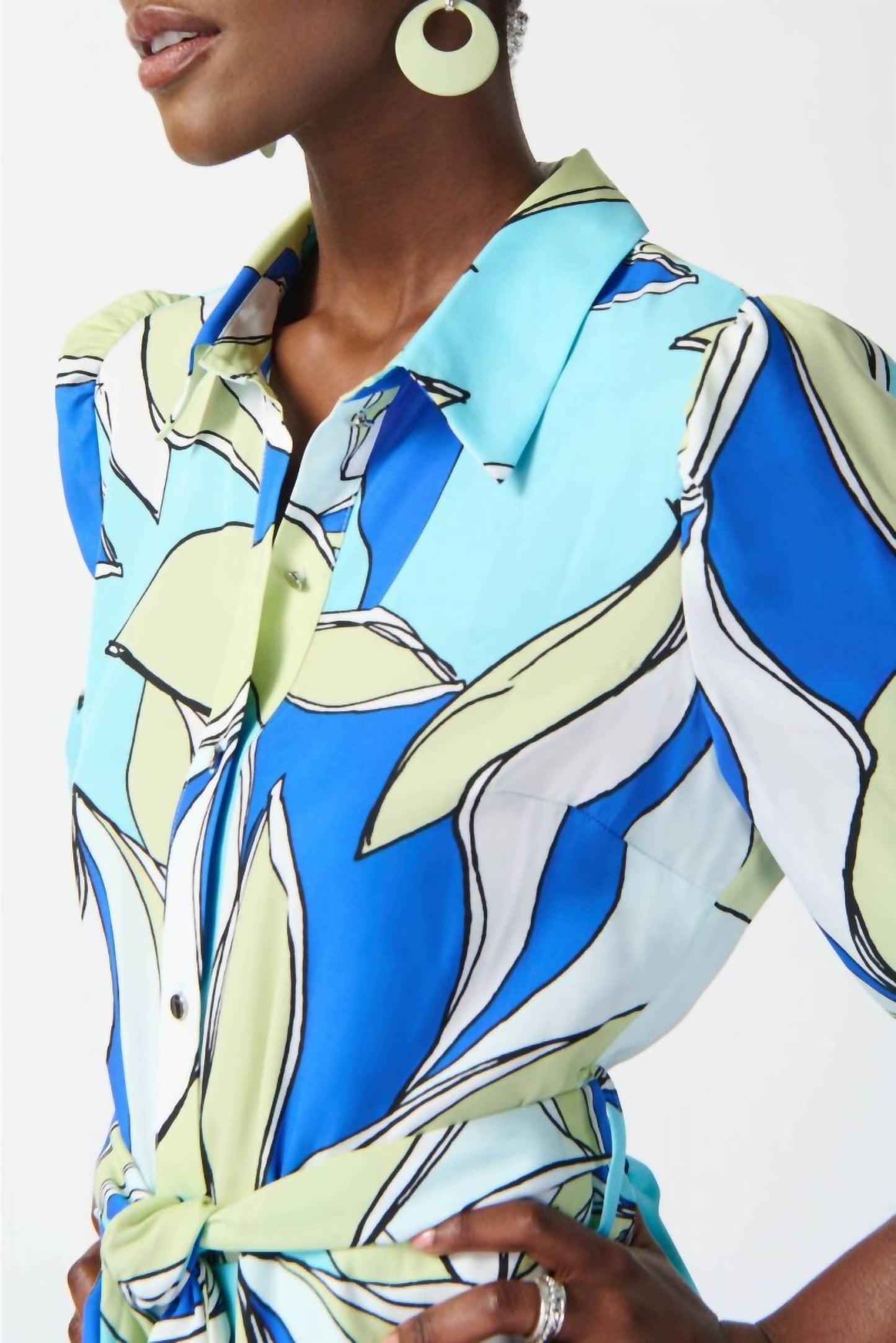 Joseph Ribkoff - Leaf Print Waist Tie Midi Shirt Dress