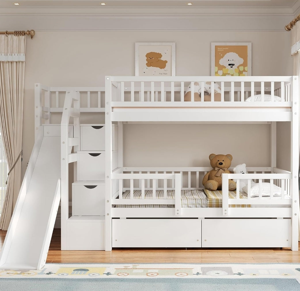 Merax Twin Over Twin Bunk Bed with Storage Staircase Slide and 2 Drawers White