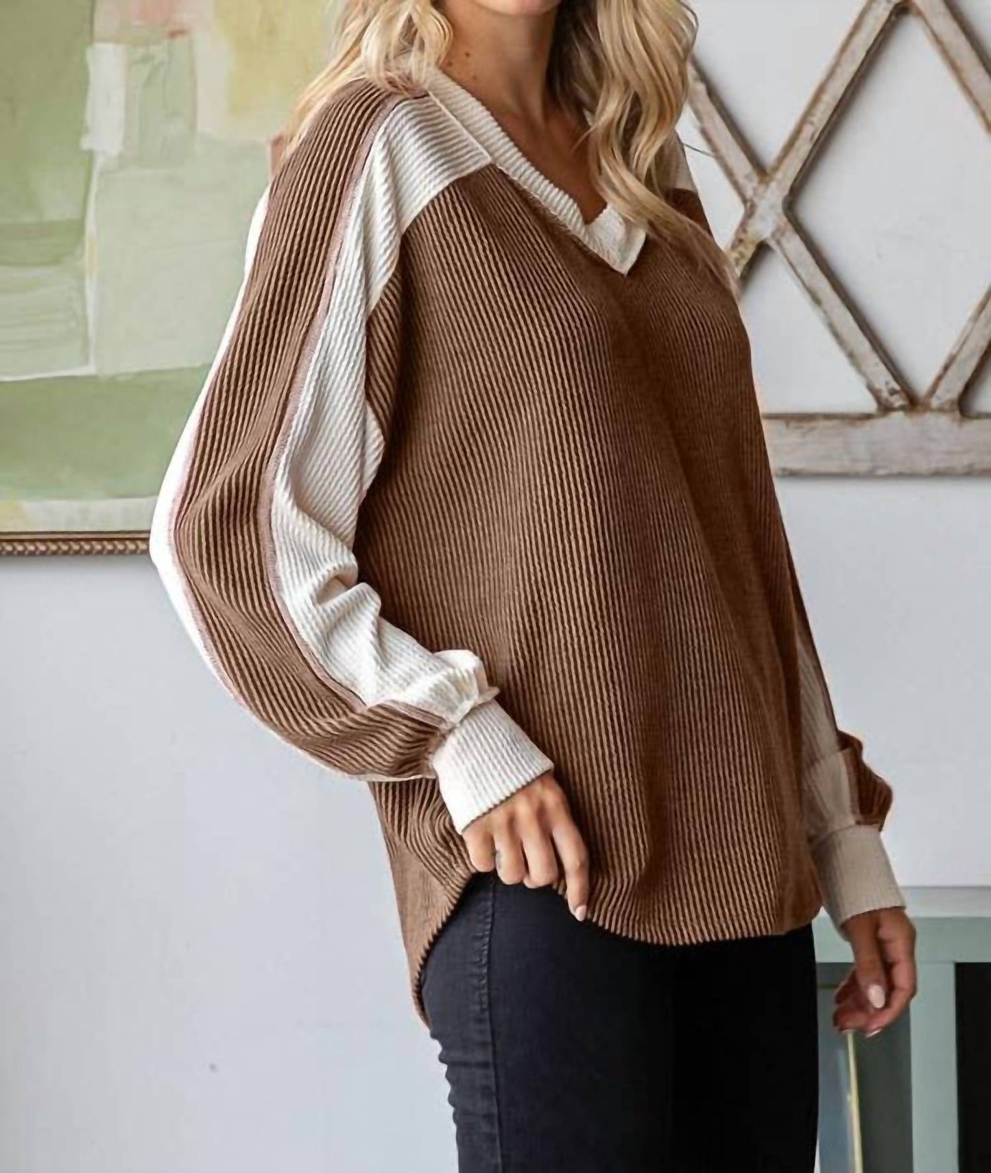 7Th Ray - Color Block Ribbed V-neck Top