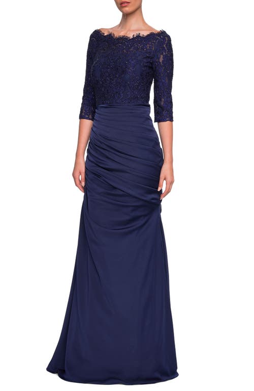 La Femme Sparkle Lace Trumpet Gown in Navy, Size 16