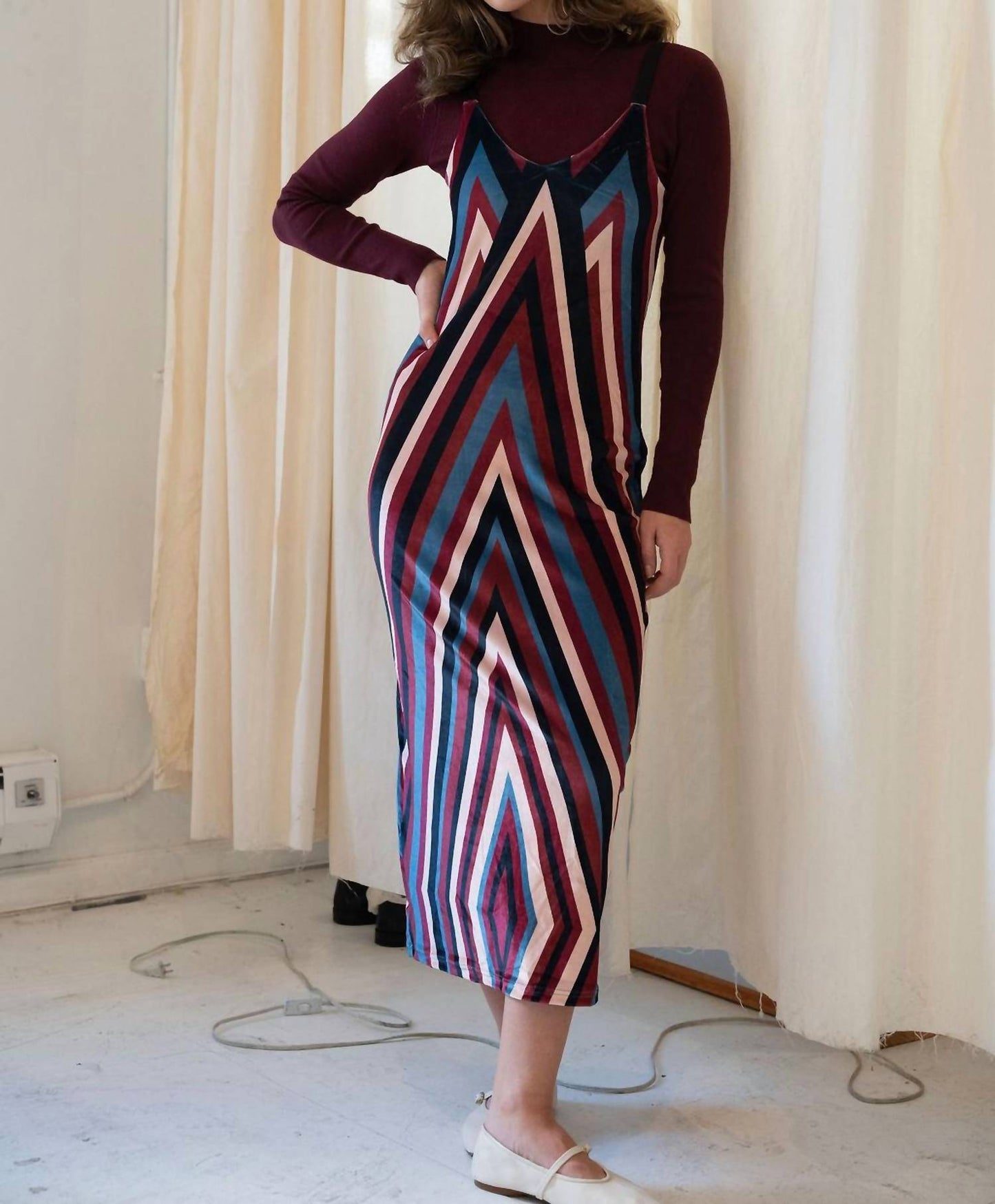 Mima Rosso - Velour Striped Pinafore Dress