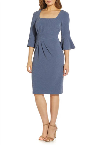 Adrianna Papell - Square Neck 3/4 Bell Sleeves Metallic Knit Dress