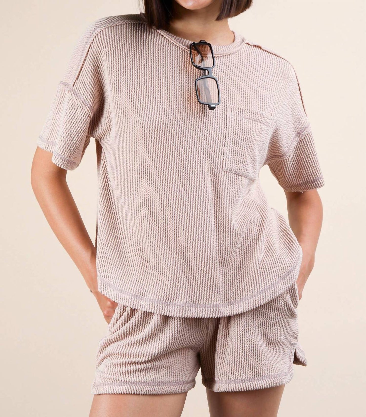 Very J - Oversized Two Tone Double Knit Top & Shorts