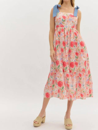 Entro - Floral Print Tie Shoulder Midi Dress