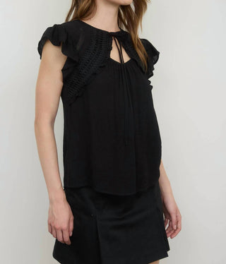 Blu Pepper - Women's Keyhole Neck With Tie Lace Trim Short Sleeve Top