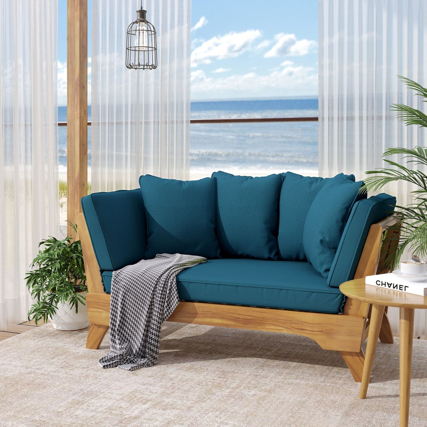 Outdoor Acacia Wood Expandable Daybed With Cushions