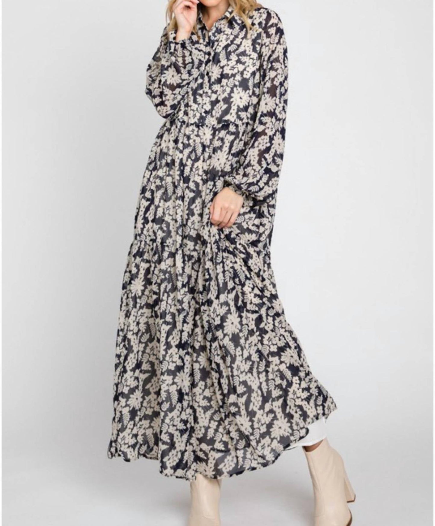 Calista - Oslo Long Sleeve Floral Patterned Tiered Midi Dress