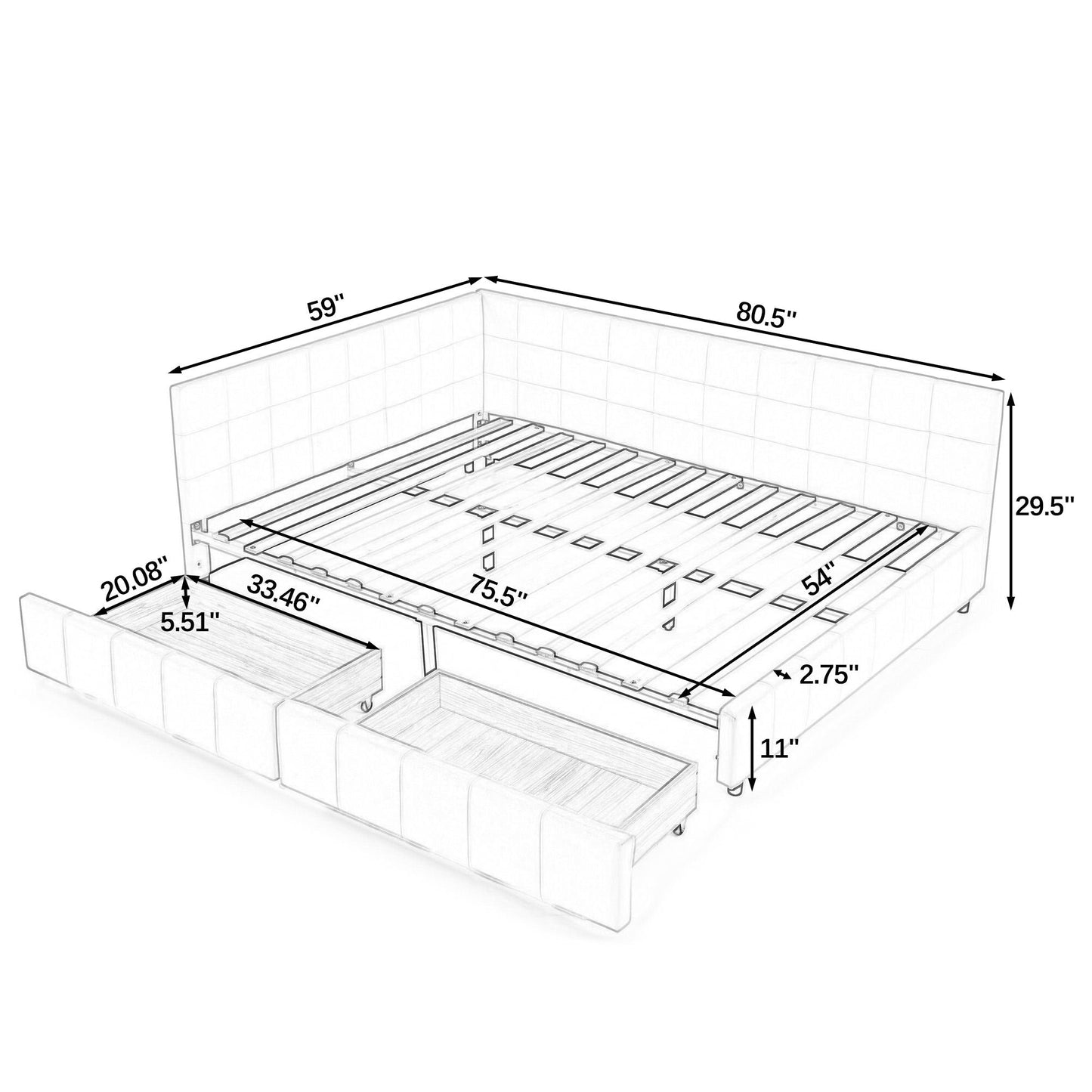 Mid-Century Storage Upholstered Tufted Bed Frame with Backrest and Armrests