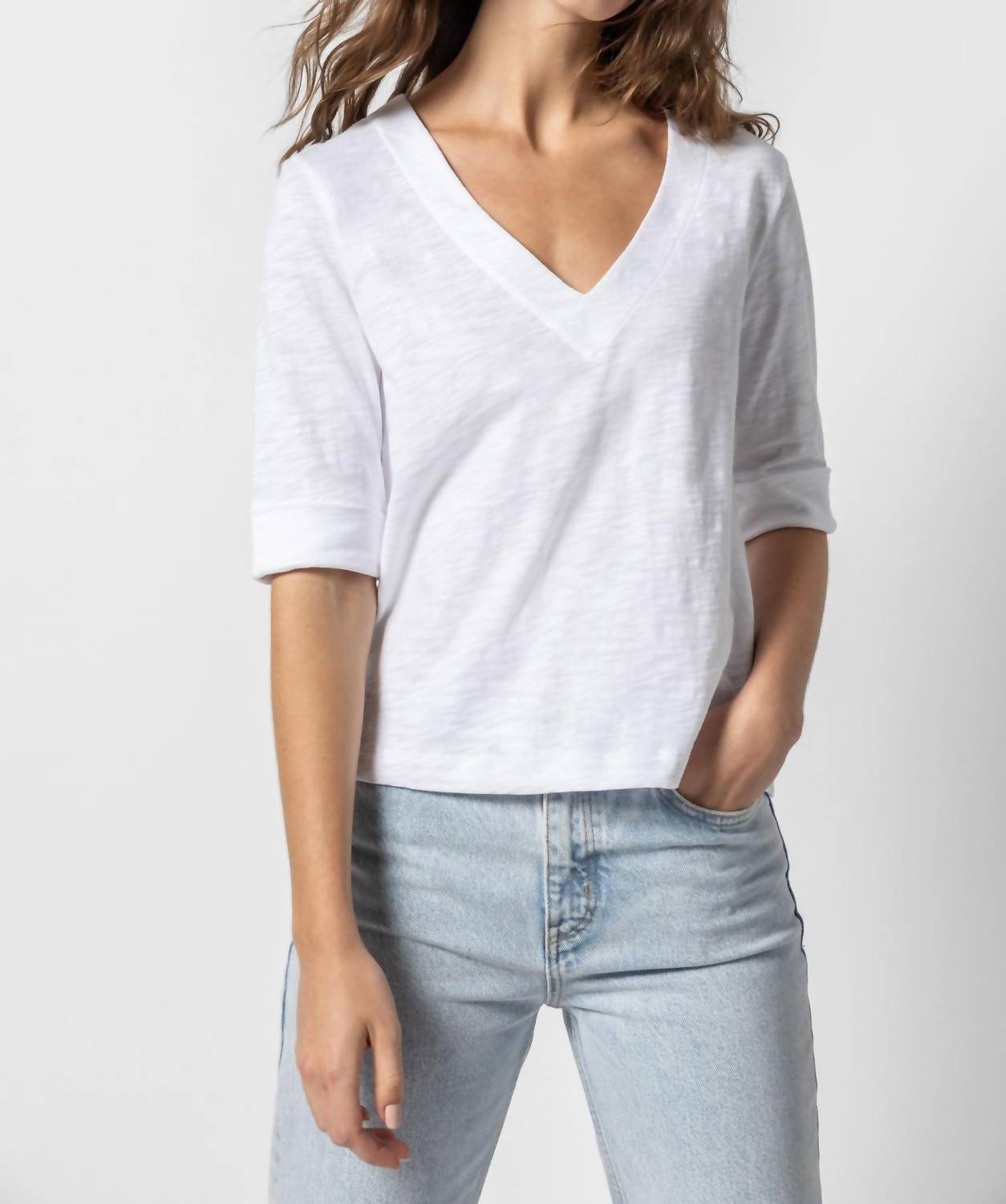Lilla P - Cuffed Elbow Sleeve V-neck Tee