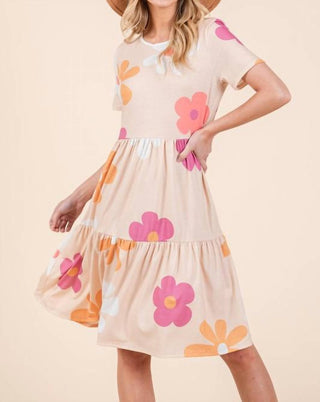 Trendsi - Bombom Floral Round Neck Short Sleeve Tiered Dress