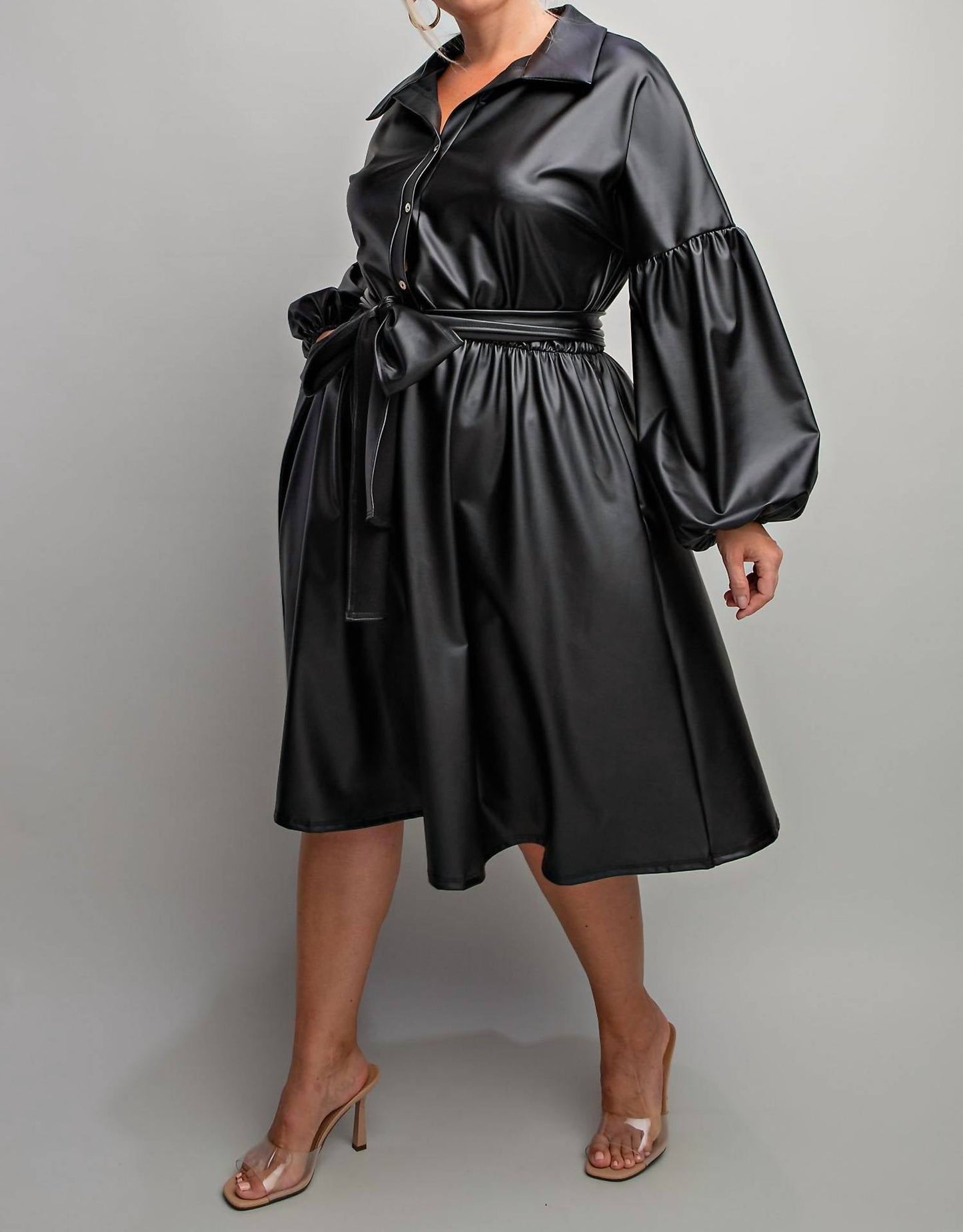 The Curve La - Plus Size Faux Leather Button Front Fit Flare Dress