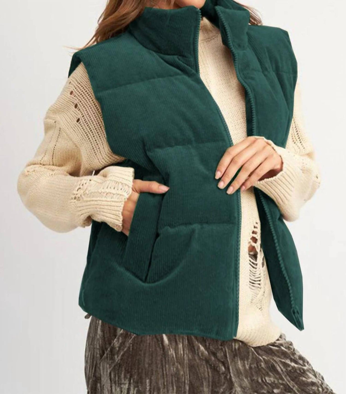 1 With Women - Corduroy Stand Neck Zipped Puffer Vest