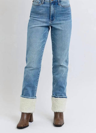 Judy Blue - High Waist Shearling Cuff Straight Denim Jeans