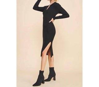 Allie Rose - Ribbed V Neck Collar Long Sweater Dress