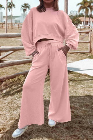 Aapparella - Crewneck Terry Top With Wide Leg Raw Edge Bottoms Set