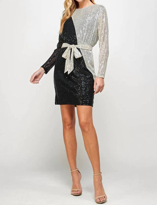 See And Be Seen - Sequin Color Blocked Long Sleeve Dress With Sash